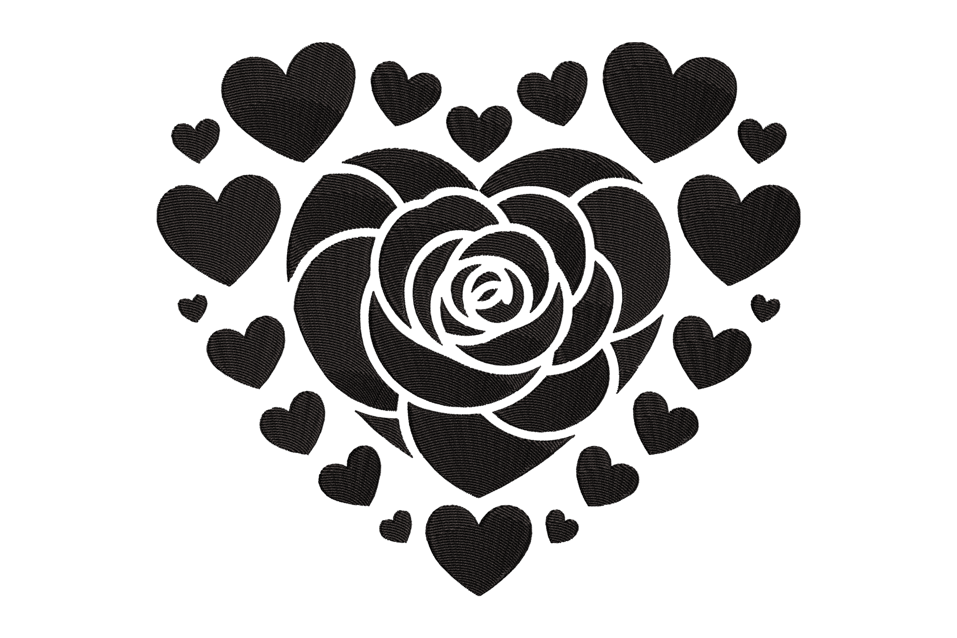 Black rose surrounded by black hearts on a white background