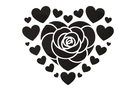 Black rose surrounded by black hearts on a white background