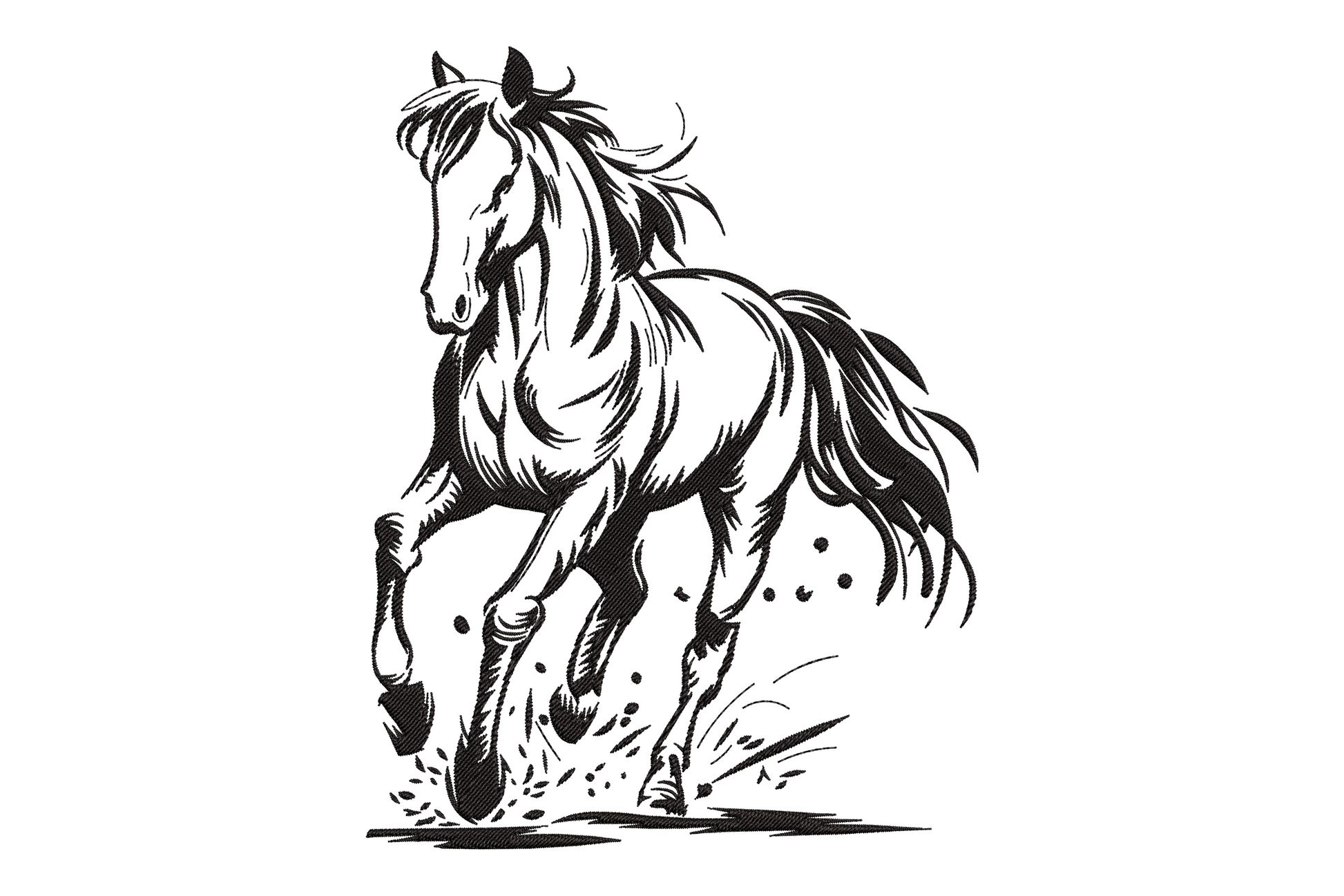 Black stallion horse line art embroidery design, single colour contour outline, profile view with flowing mane