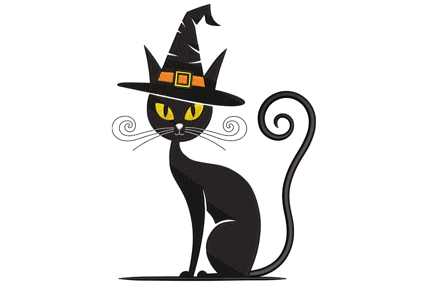 Black witch cat Halloween embroidery showing simple black cat silhouette with expressive eyes and minimal four-colour design on white background.