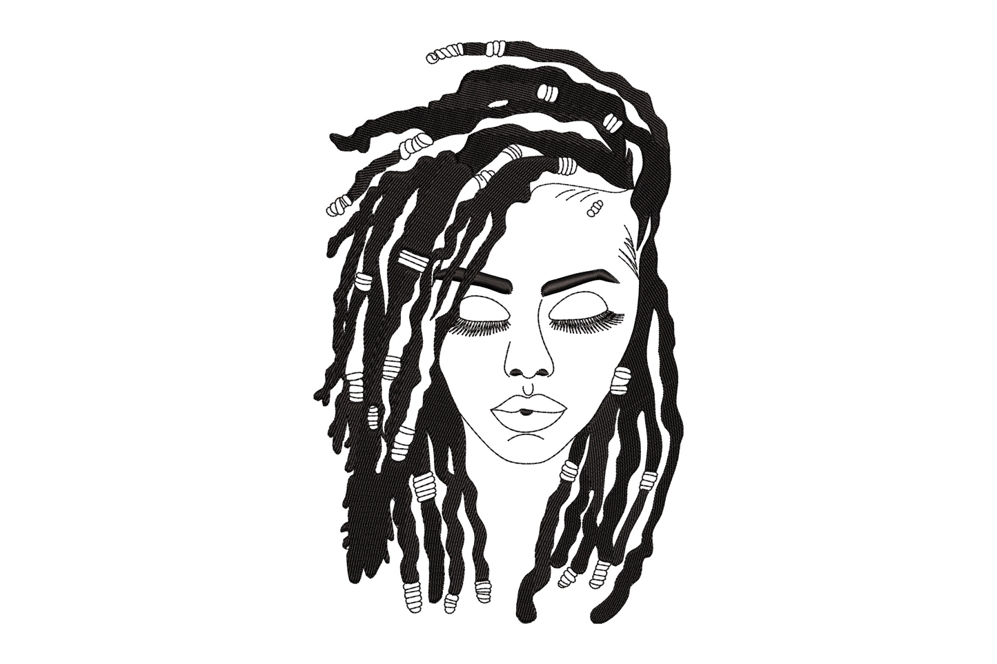 Black line-art portrait embroidery, woman with long dreadlocks and bead details, single black thread, face-forward