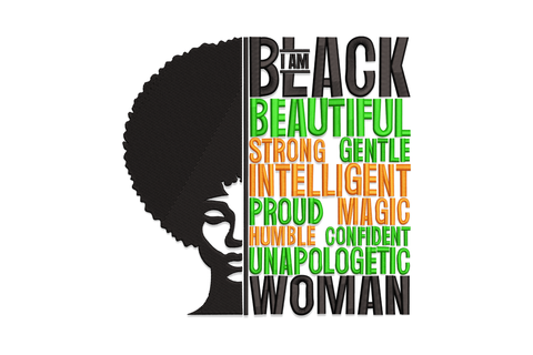 Black woman empowerment embroidery design with afro silhouette and word stack in green and orange satin stitching.