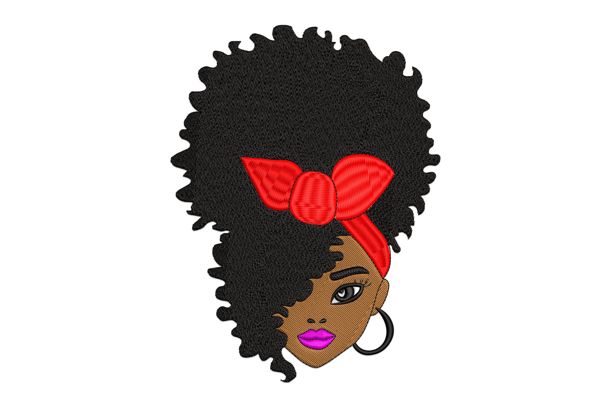 Black woman natural hair portrait embroidery with full afro, red headband bow, brown skin, purple lips and gold hoop earring.
