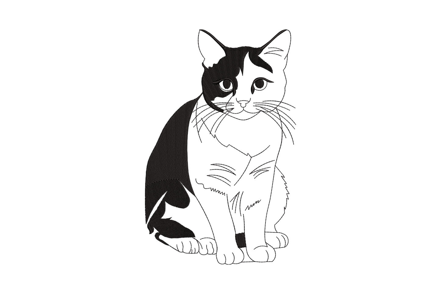 Black and white cat face embroidery design, flat graphic portrait with bold outlines and clean monochrome fill, forward-facing feline