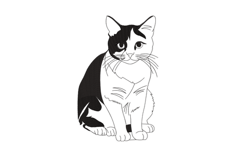 Black and white cat face embroidery design, flat graphic portrait with bold outlines and clean monochrome fill, forward-facing feline