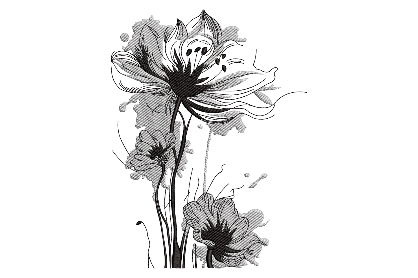 Black and white sketch floral embroidery design with three abstract flowers on tall stems and grey halftone ink wash splashes