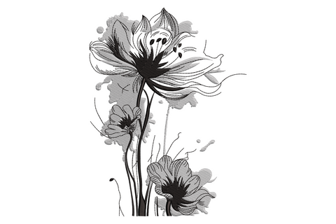 Black and white sketch floral embroidery design with three abstract flowers on tall stems and grey halftone ink wash splashes