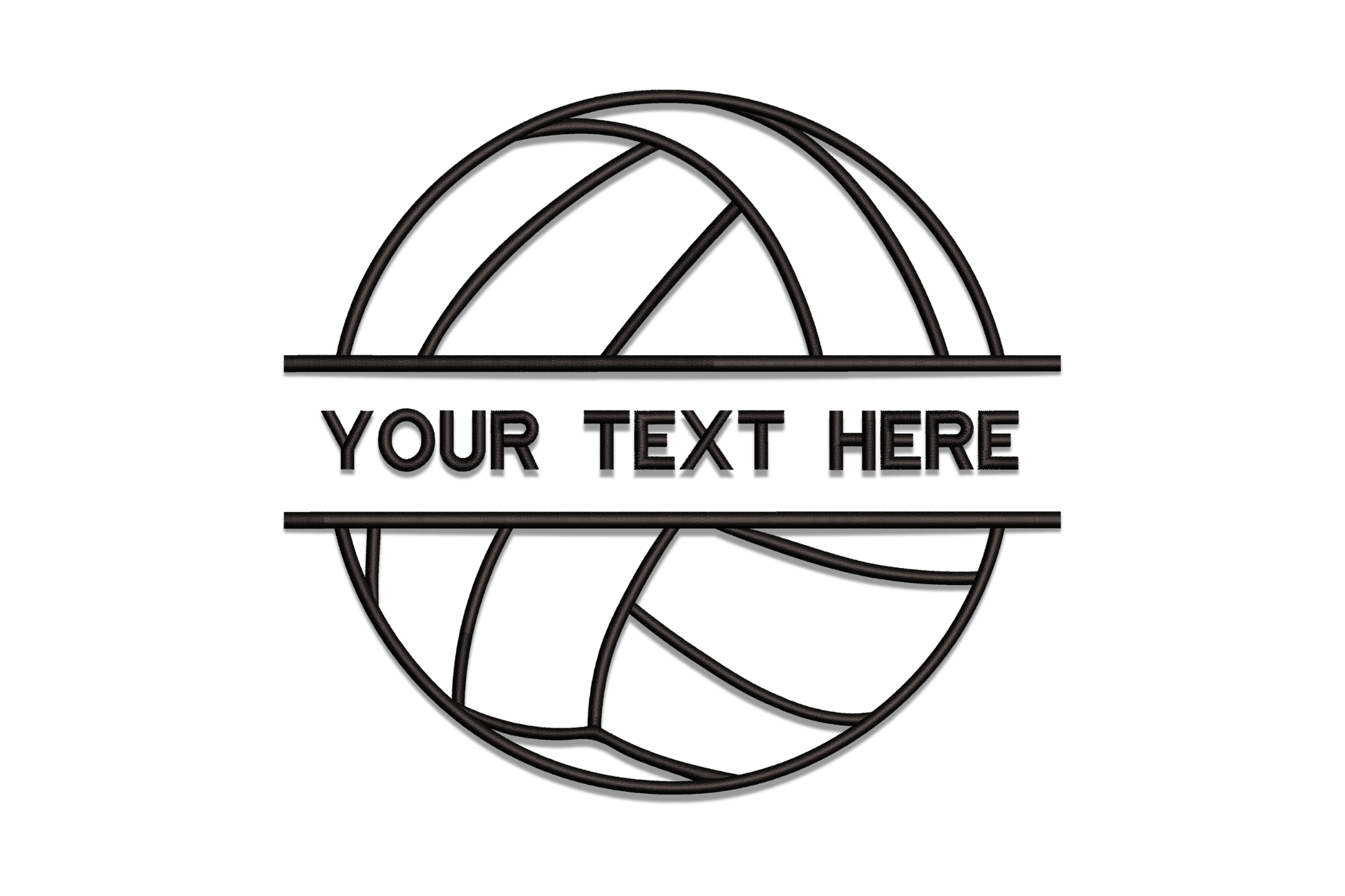 Blank basketball outline embroidery design showing curved panel seams and horizontal equator line in black satin stitch on white fabric