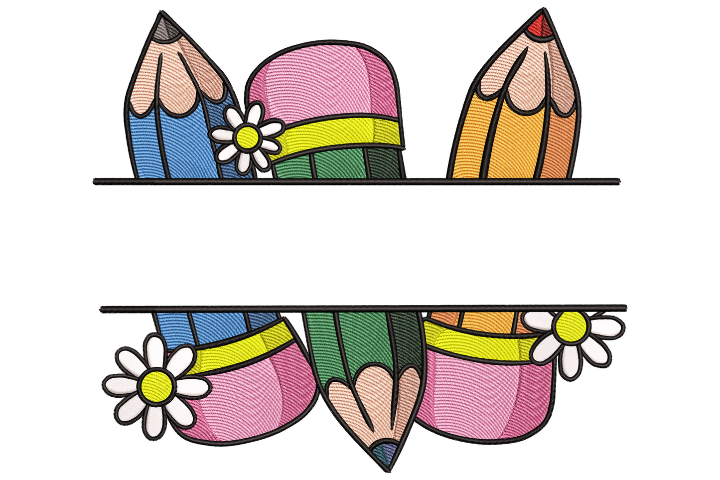 Blank pencil name frame embroidery design with rainbow pencils and white daisies split across an open name band