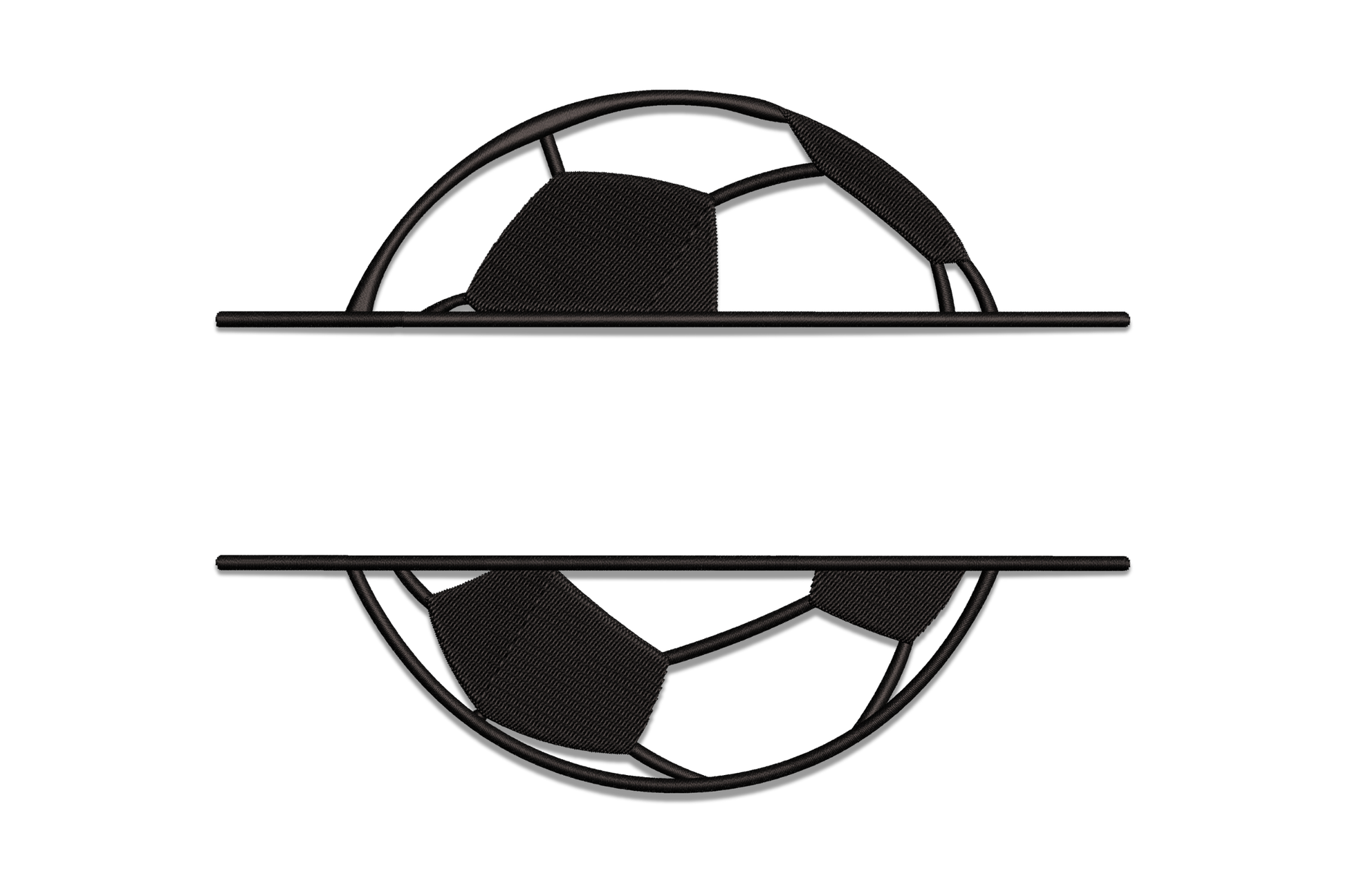 Blank soccer ball split embroidery design, classic pentagon panel lines in single black thread, two halves framing an open centre gap