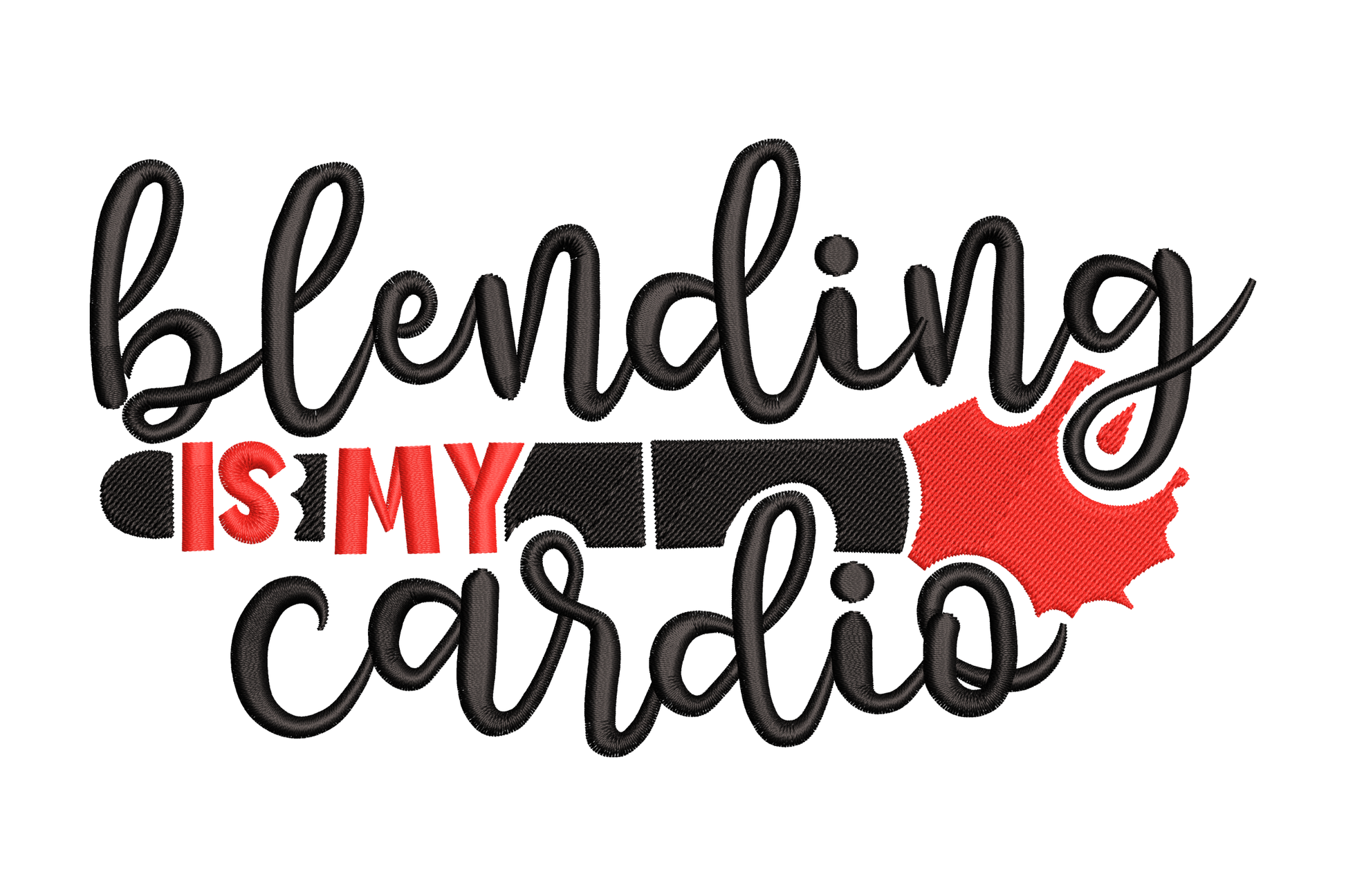 Blending Is My Cardio embroidery design, horizontal black makeup brush with red bristle fan and stacked black brush script.