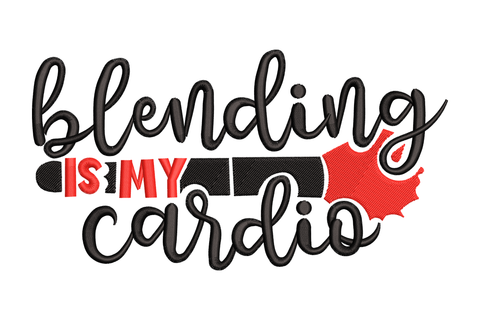 Blending Is My Cardio embroidery design, horizontal black makeup brush with red bristle fan and stacked black brush script.