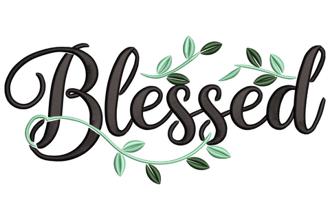Blessed script embroidery in bold black calligraphy with a sage green leaf vine weaving through the letters, clean and warm.