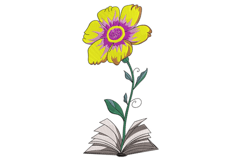 Blooming book flower embroidery design, open chocolate book with five coloured flowers growing from pages, kraft canvas tote.