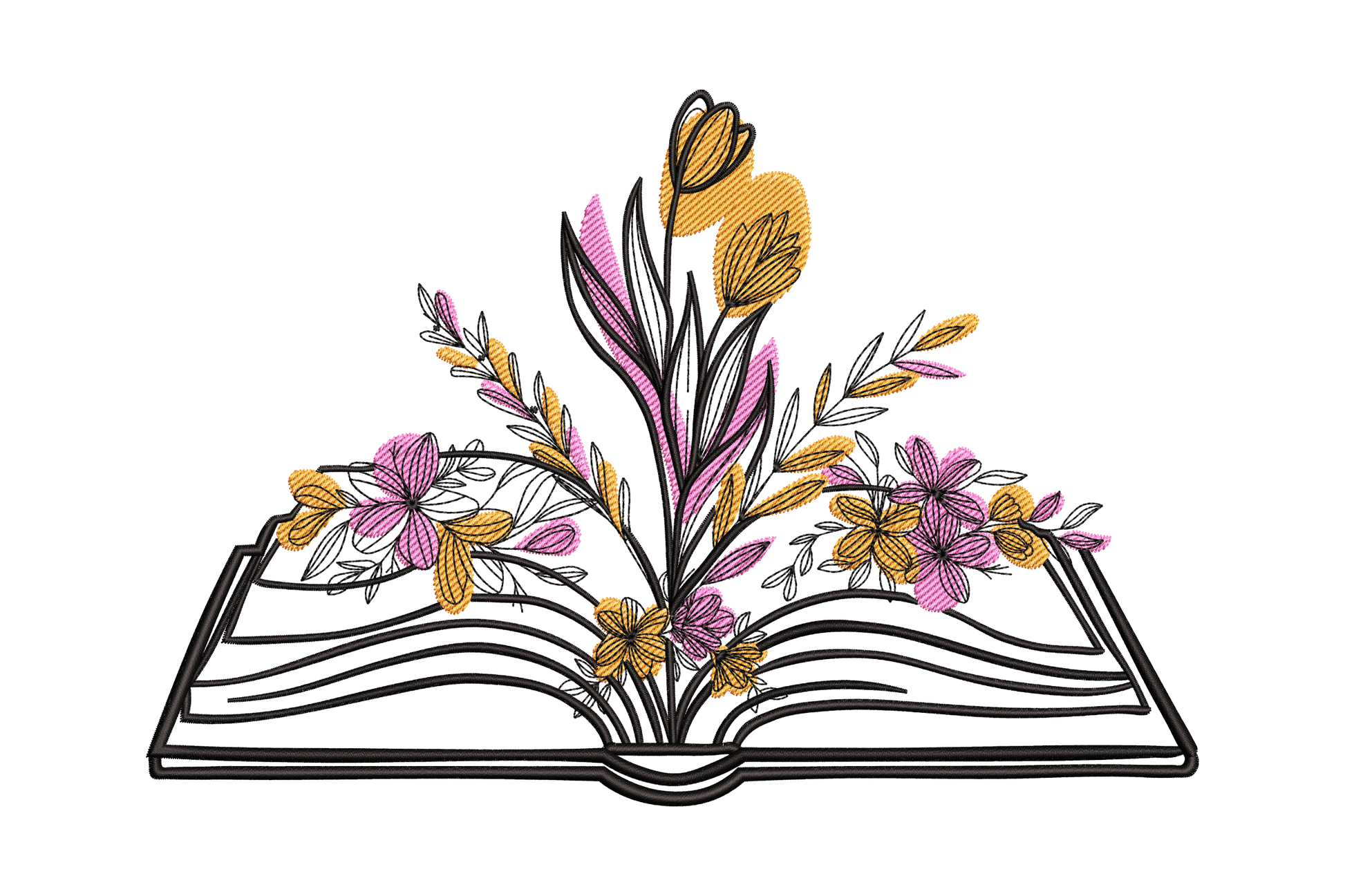 Blooming book illustration embroidery with open hardcover book in landscape, tall crocus blooms and pink wildflowers in hot pink and burnt orange with black outlines.