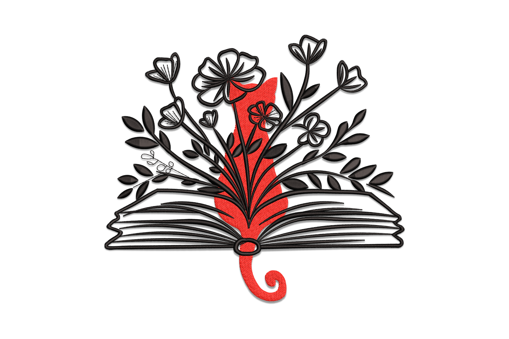 Open book embroidery design with black floral stems and wildflowers growing from pages and a red accent rising from the spine