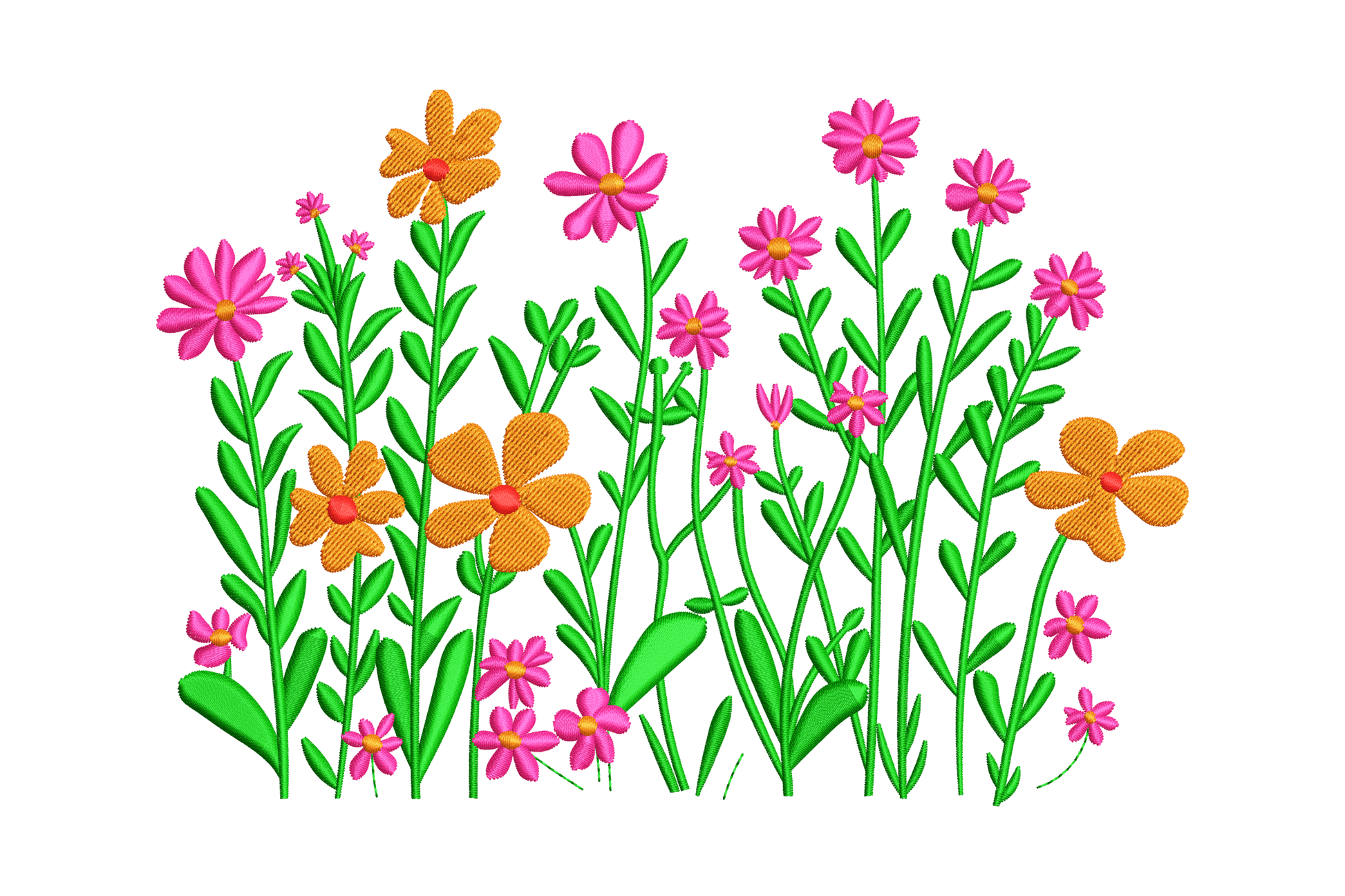 Blooming meadow wildflower embroidery design, hot pink and orange flowers green stems, 5 sizes to 5.22 inches wide