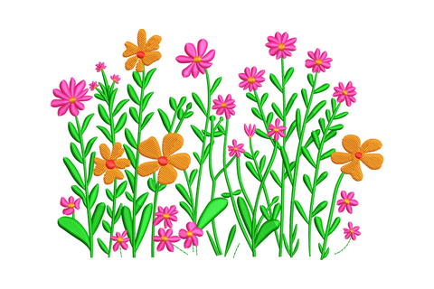 Blooming meadow wildflower embroidery design, hot pink and orange flowers green stems, 5 sizes to 5.22 inches wide