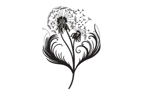 Dandelion seed head mid-blow with drifting wisp seeds scattered wide, two colour botanical illustration, wide horizontal composition embroidery design