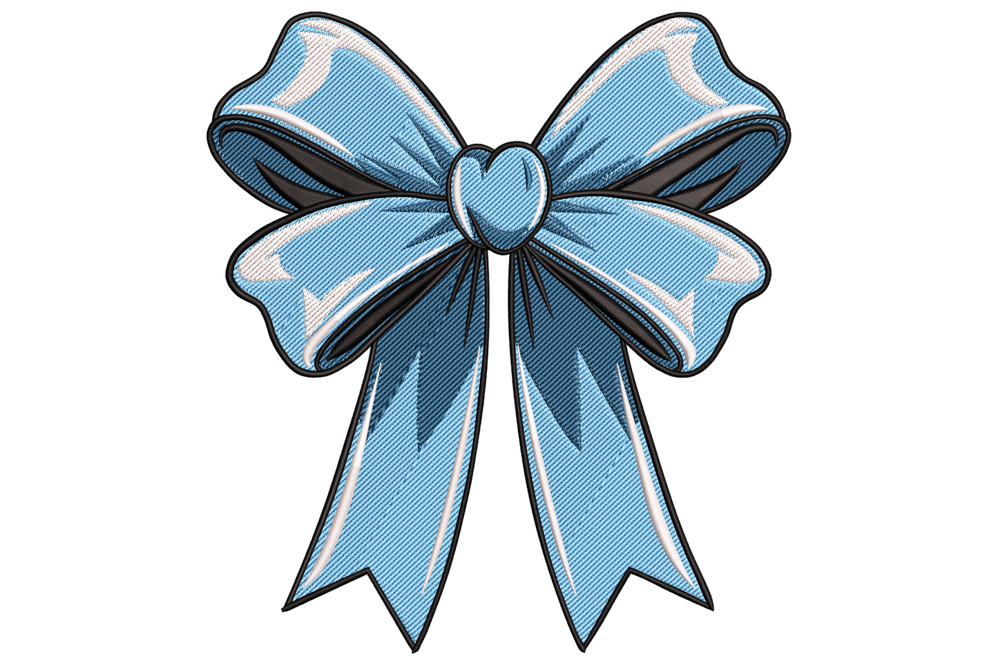 Blue bow ribbon embroidery design, large satin bow with shaded folds, white highlights and black outline in blue tones.
