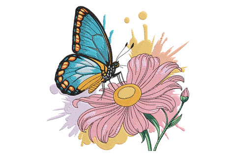 Blue butterfly embroidery, blue morpho butterfly on a pink daisy with watercolour splash backdrop, spring botanical design.