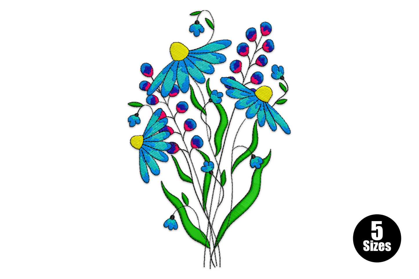 Blue daisy floral stem embroidery design with three large blue daisy flowers, yellow centres, green stems, and small red berry buds in a vertical bouquet.