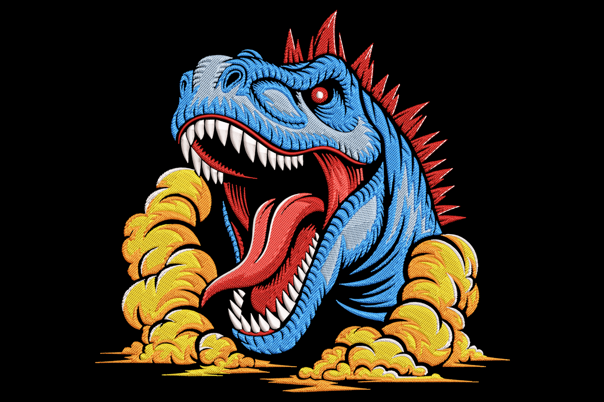 Blue cartoon T-rex dinosaur head embroidery with red spikes, glowing eye, white teeth and mustard smoke puffs.