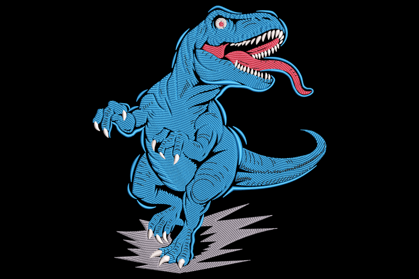 Blue cartoon dinosaur embroidery design with red tongue out, white claws raised and a charcoal halftone shadow burst behind.