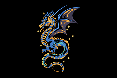 Blue dragon embroidery with electric cobalt blue coiled body, bat-style wings with gold trim and seven gold stars on black.