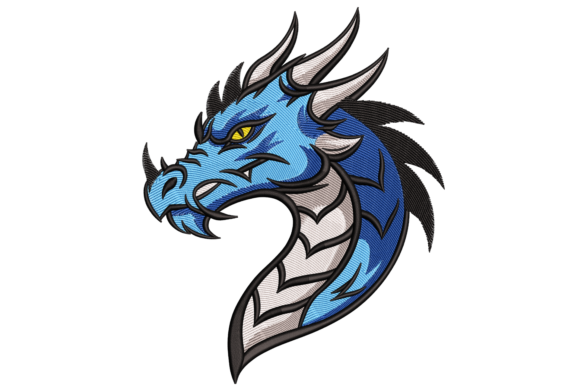 Blue dragon head embroidery design in side profile with gold eye, white fangs, swept horn mane and cornflower blue scales with navy shadow and black outline.
