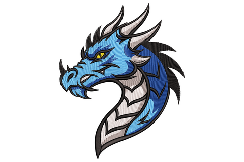 Blue dragon head embroidery design in side profile with gold eye, white fangs, swept horn mane and cornflower blue scales with navy shadow and black outline.