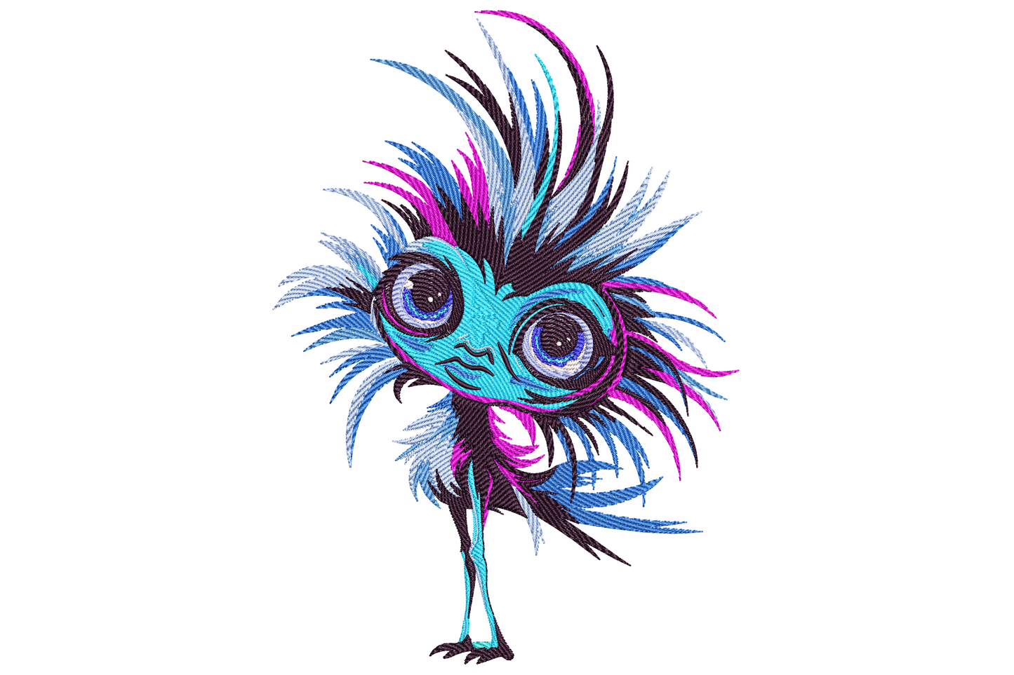 Blue fantasy bird embroidery, tiny creature with oversized purple eyes and wild blue and magenta feathers fanning out
