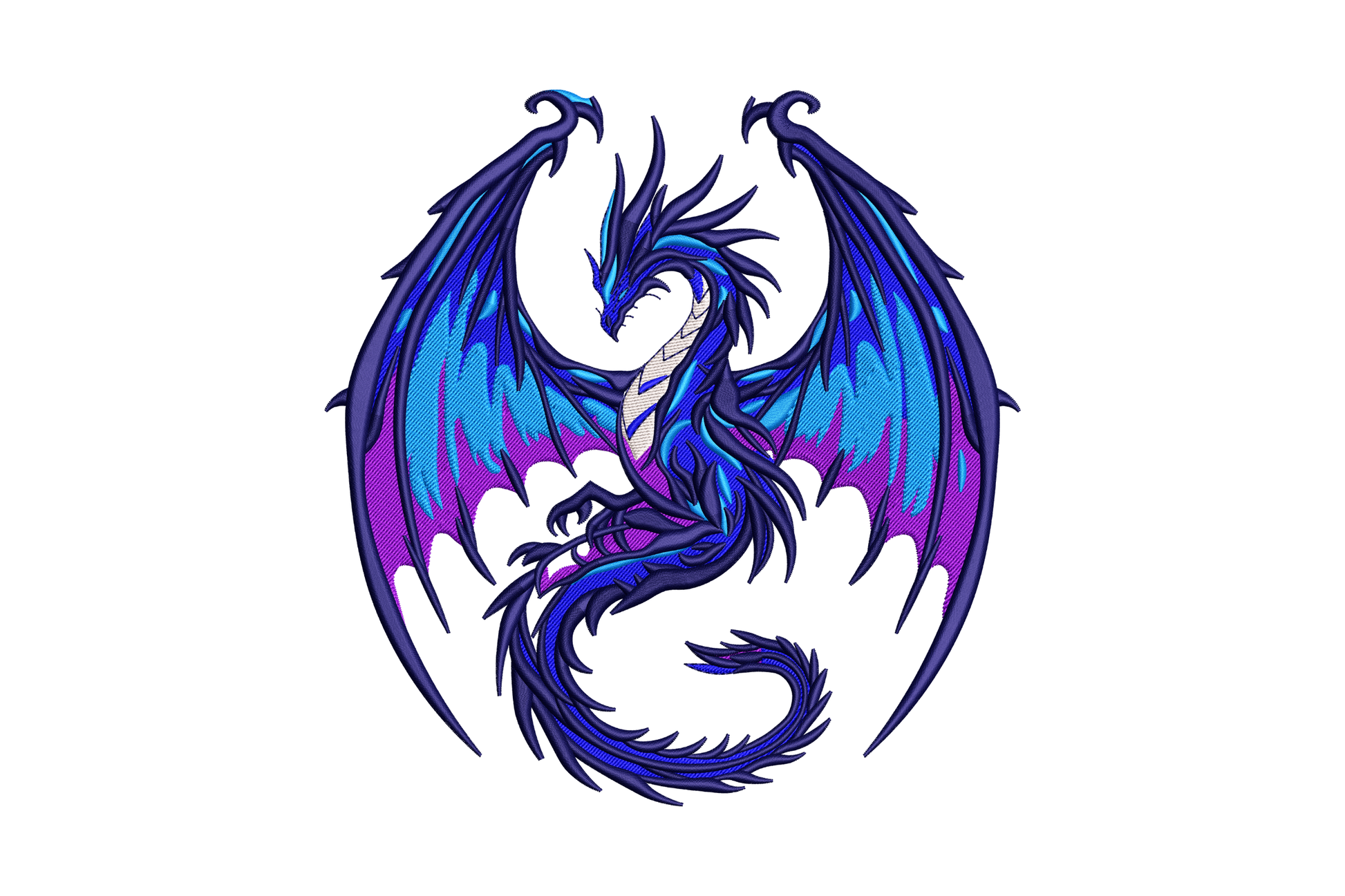 Blue fantasy dragon embroidery design with purple to navy 5-colour gradient, wings spread, 5 sizes to 7.51 inches