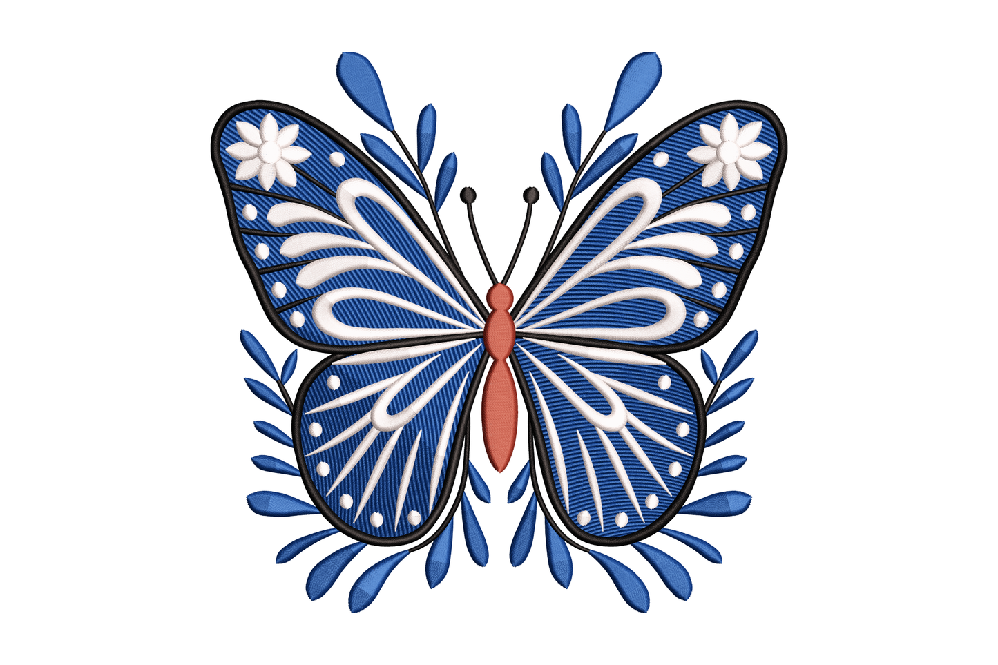 Decorative butterfly design with blue, white, and red colors on a white background