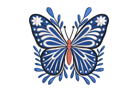 Decorative butterfly design with blue, white, and red colors on a white background