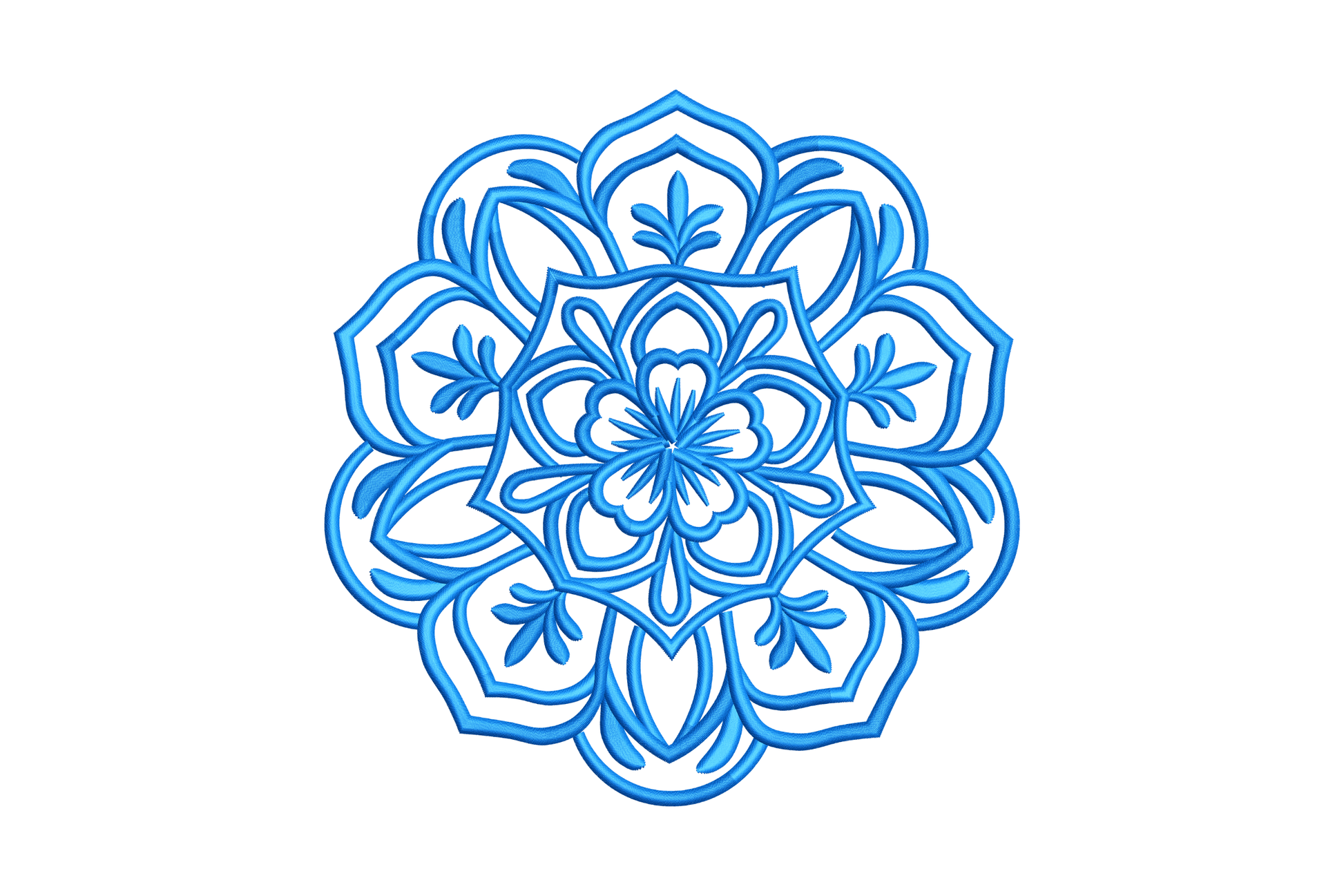 Single-colour blue floral mandala machine embroidery, open petal structure with leaf fills and Delft-like decorative detail