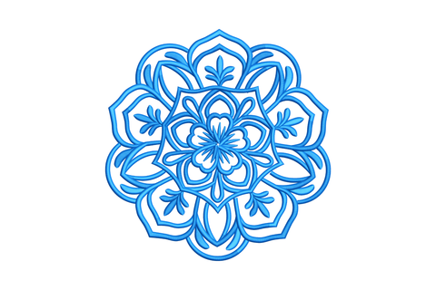 Single-colour blue floral mandala machine embroidery, open petal structure with leaf fills and Delft-like decorative detail