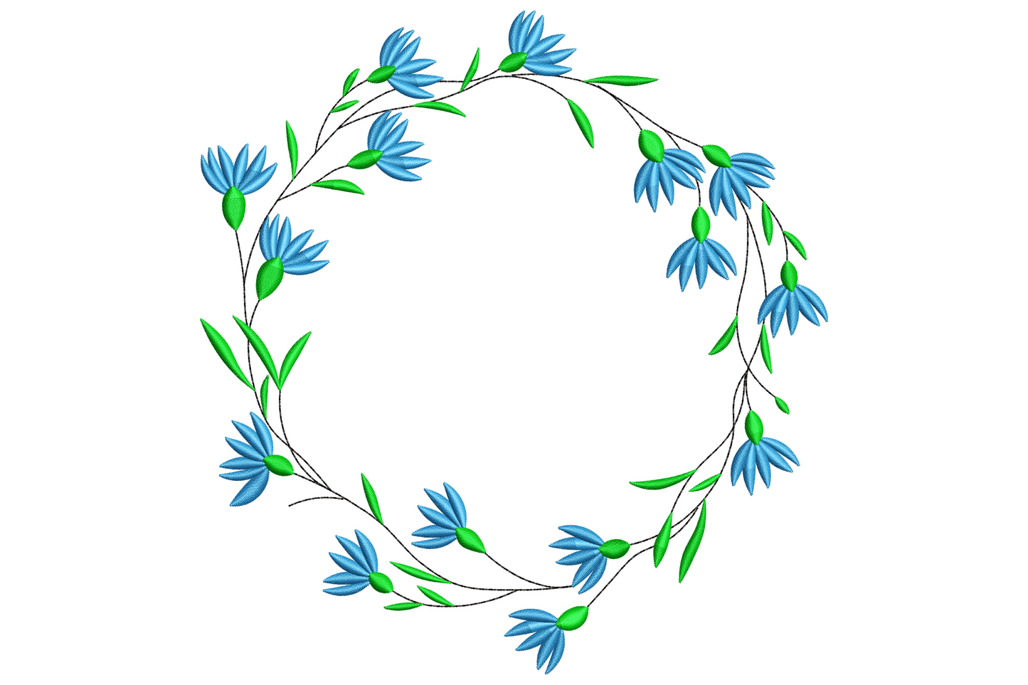 Blue floral wreath embroidery with cornflower daisy flowers and green leaves circling an empty middle for monogramming.
