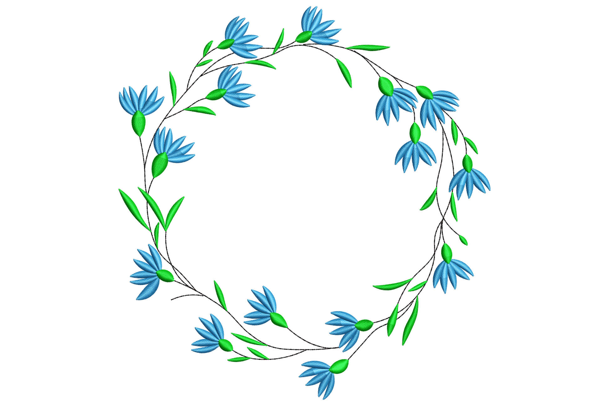 Blue floral wreath embroidery with cornflower daisy flowers and green leaves circling an empty middle for monogramming.