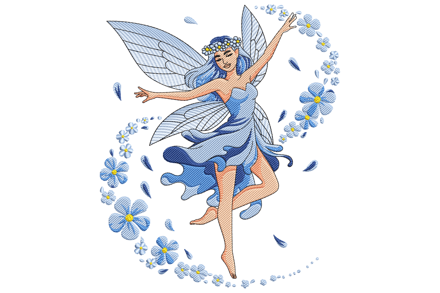 Blue flower fairy embroidery design, dancing fairy in flowing blue dress with dragonfly wings surrounded by a swirl of forget-me-not flowers.