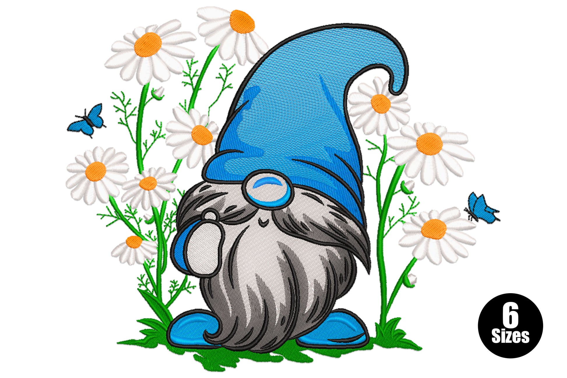 Blue gnome embroidery design with tall cobalt hat, grey beard, round blue glasses, white daisy flowers with orange centres, small blue butterflies, dark green stems, 6 sizes 4-9 inch