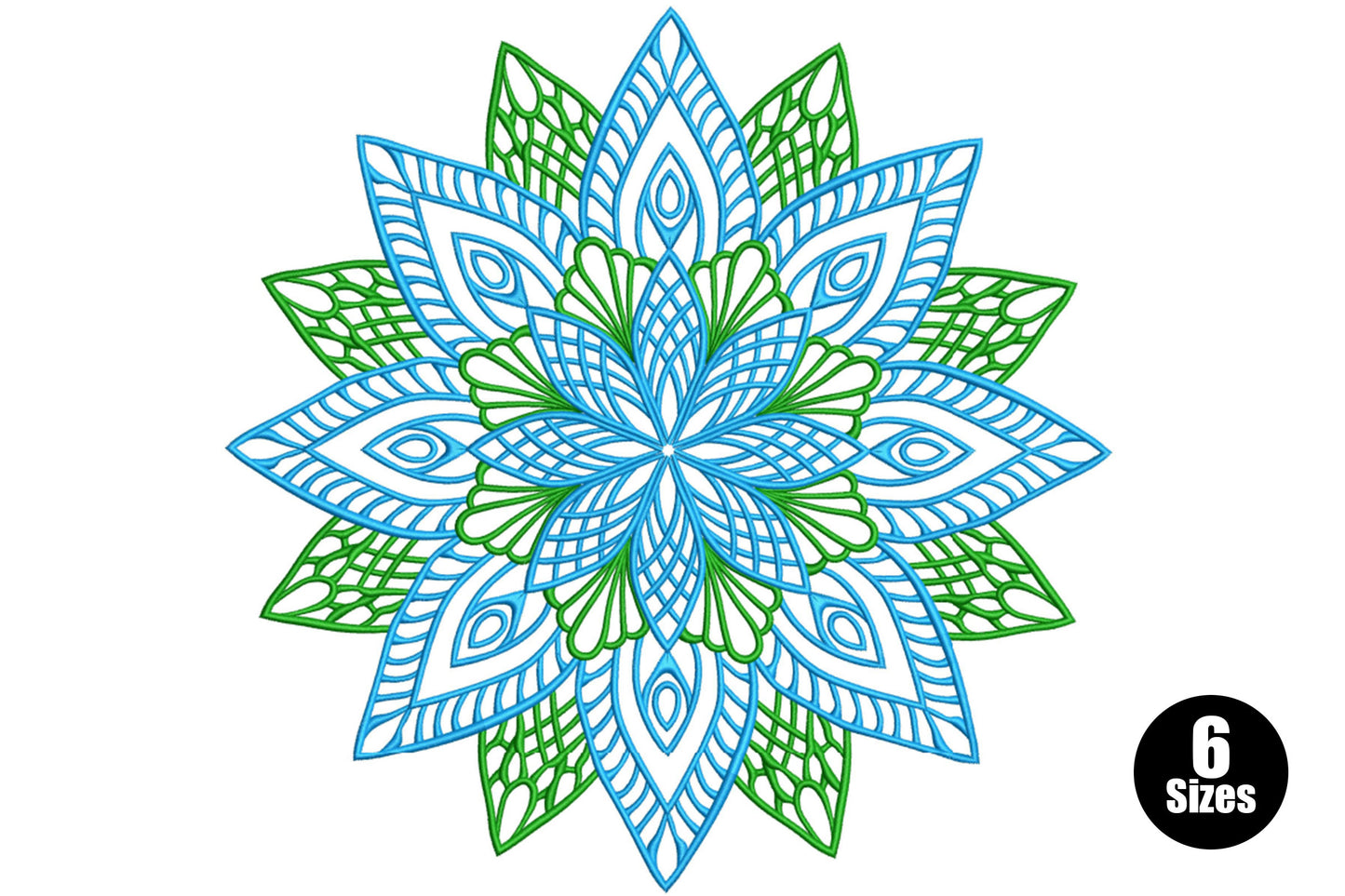 Blue and green floral mandala embroidery design with twelve pointed star rays and open lacework fill in sky blue and dark green thread.