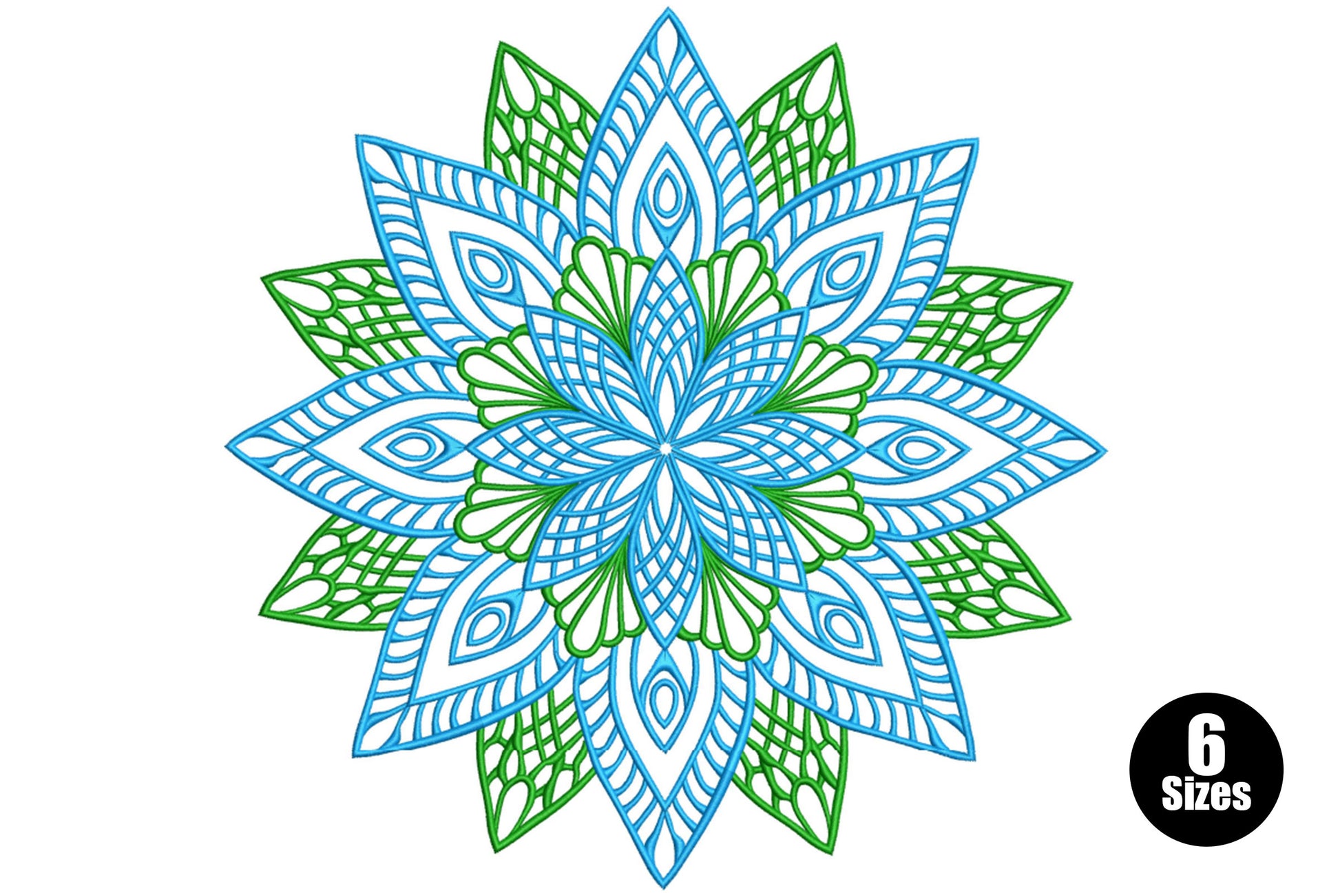 Blue and green floral mandala embroidery design with twelve pointed star rays and open lacework fill in sky blue and dark green thread.