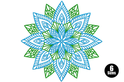 Blue and green floral mandala embroidery design with twelve pointed star rays and open lacework fill in sky blue and dark green thread.