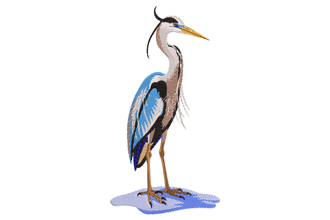 Great blue heron embroidery standing in shallow water, slate blue wings with directional feather stitching, amber beak and legs.