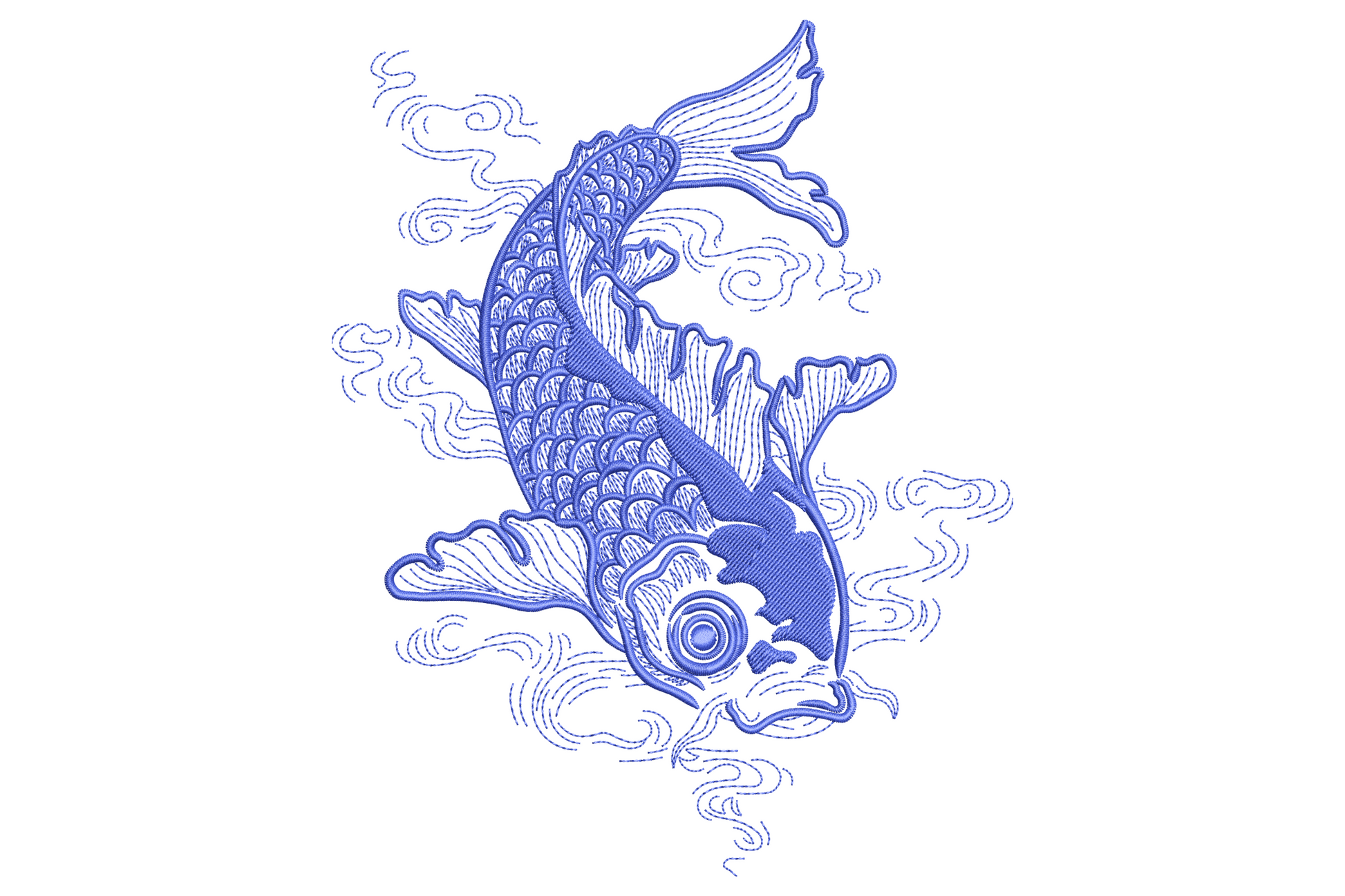 Blue koi fish machine embroidery design, single colour, graceful curved body with directional scale stitching, 9 sizes