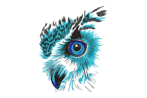 Blue peacock feather eye embroidery, teal barbs from a cobalt blue iris, white highlight and dark feather tips.