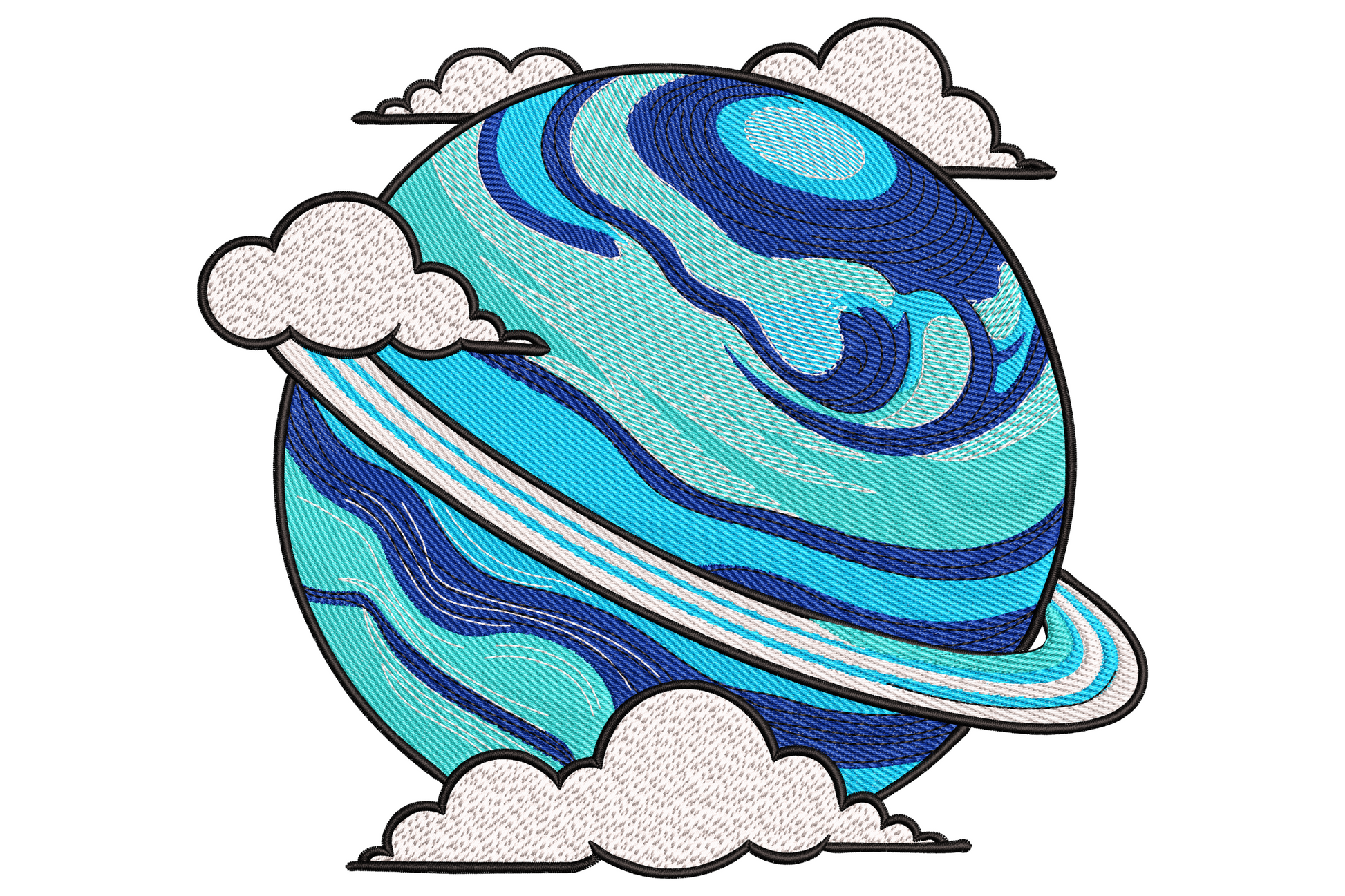 Blue planet with clouds embroidery design showing deep navy oceans, white swirling cloud bands and a soft grey shadow edge.
