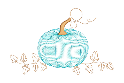 Minimalist line drawn pumpkin in aqua blue outline with brown curly stem and trailing brown vine with leaves, scandinavian farmhouse autumn embroidery
