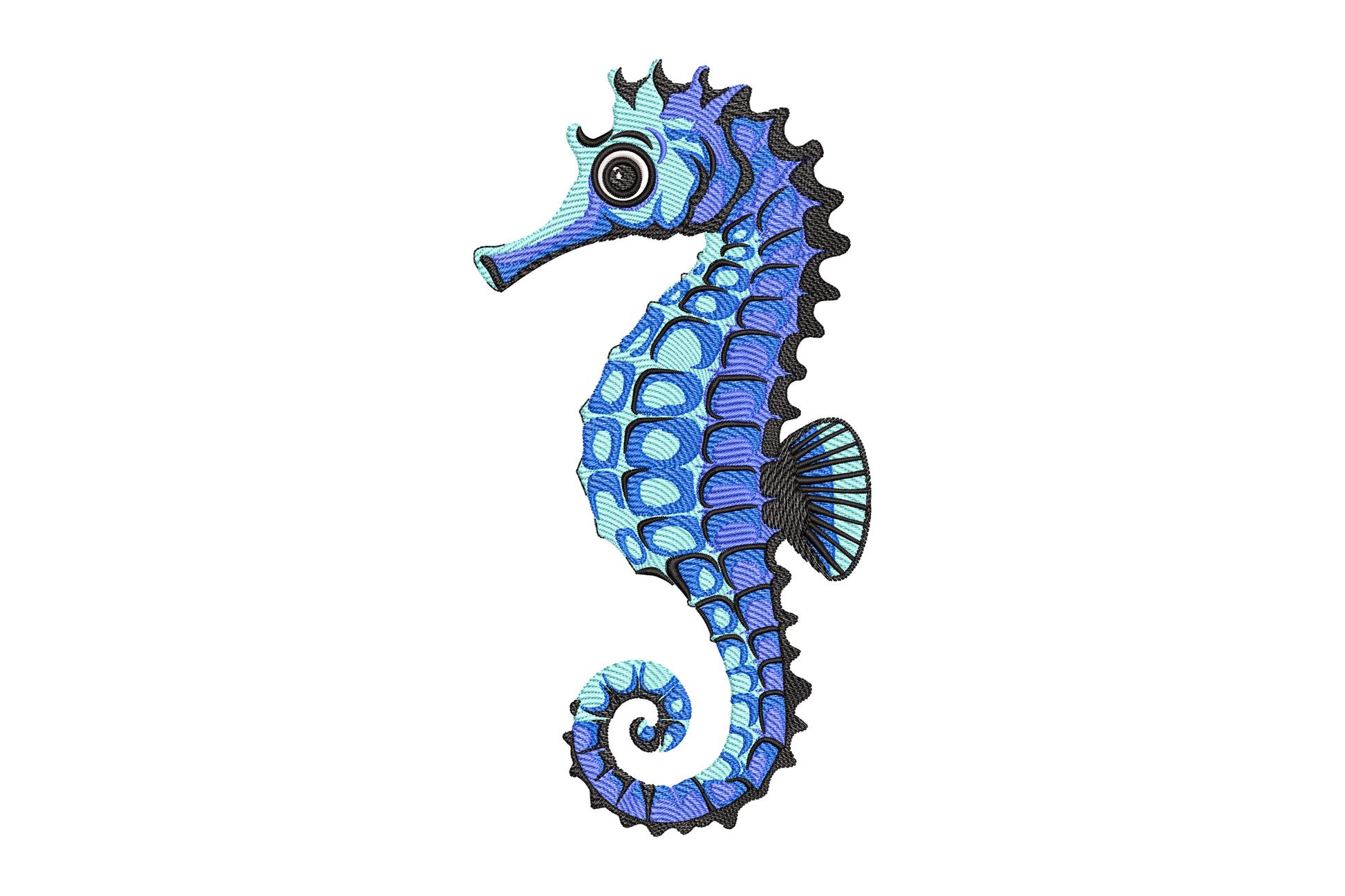 Blue seahorse embroidery design, layered cobalt and aqua panels, black outline, ribbed fin, coiled tail